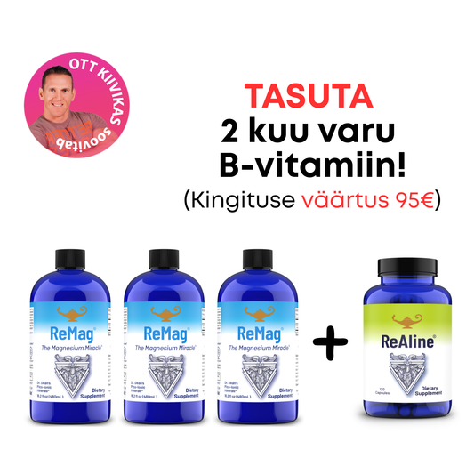 3 x ReMag® 480ml + TASUTA ReAline® B-vitamiini kompleks, 120 kapslit